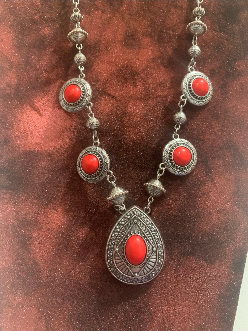 Women’s southwestern Silver Necklace with Red Stones - Picture 3 of 5